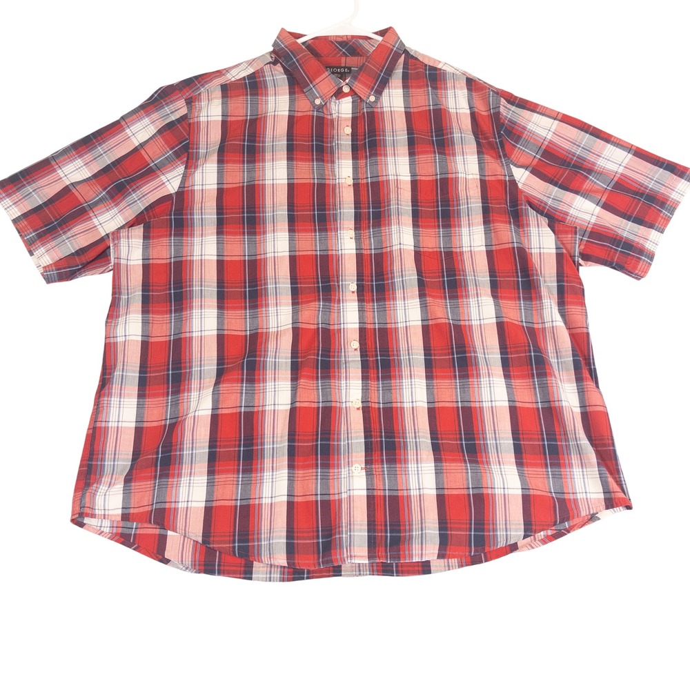 George Mens 2XL Red White Blue Plaid Short Sleeve Button Down Shirt 50-52